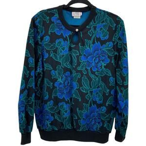 Cricket Lane VIntage Pullover Sweater Size Large Black Blue Floral Crewneck